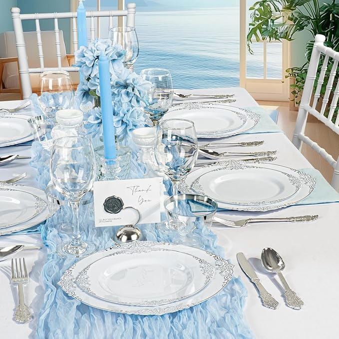 350PCS Silver Plastic Plates for 50 Guests, Disposable Dinnerware Sets Include 100 Silver Rim Plastic Plates, 50 Silverware, 50 Pre Rolled Napkins for Party, Wedding & Decor