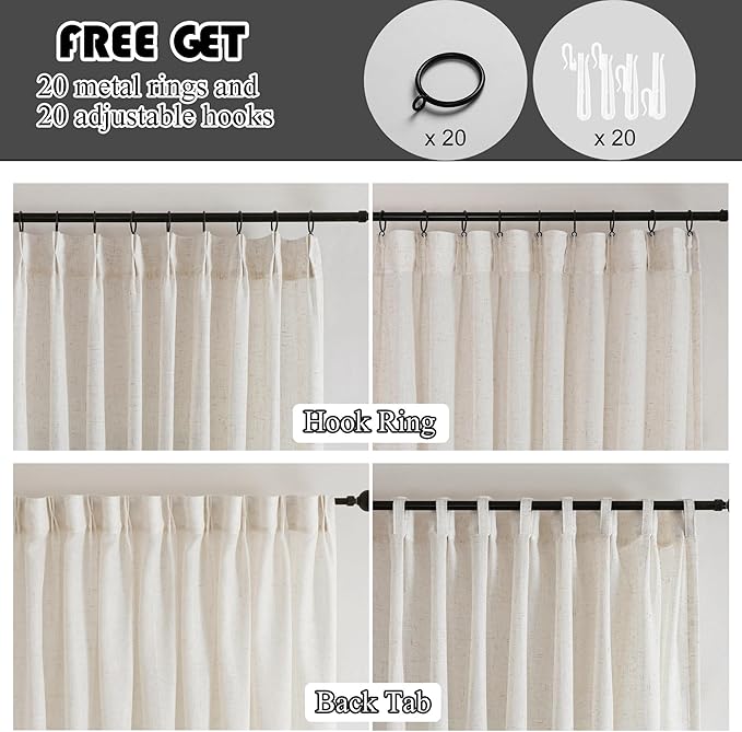 Neutral Pinch Pleated Linen Semi Sheer Curtains 102 Inch Long, 50 Inches Width, Cream Beige Light Filtering Drapes for Living Room, Floor to Ceiling Farmhouse Window Curtain Panels