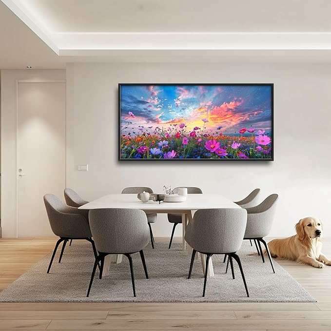 Flower Field Sunrise Large Framed Wall Art Oversized Daisy WildFlower Landscape Pictures Floral Wall Decor Canvas Print Painting Aesthetic Modern Artwork for Living Room Bedroom Office Bathroom Home Decor 60L"x30W"