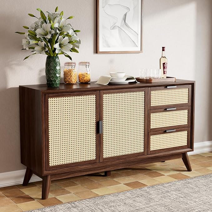 Bme Rattan Pre-Assembled Buffet Sideboard with 3 Drawers & 2 Doors, 58" Accent Console Table Living Room, Kitchen, Dining, Walnut, Jasper Storage Cabinet