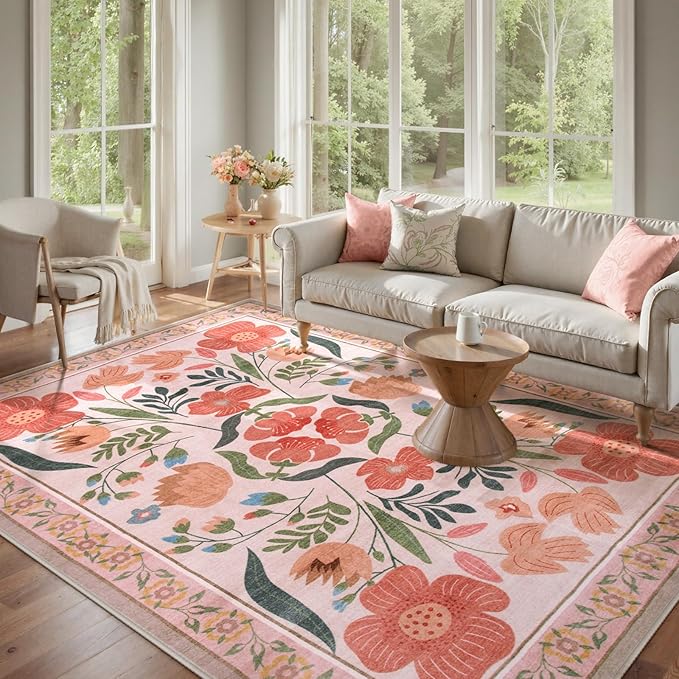 Beeiva 8x10 Living Room Rugs, Floral Washable Floor Rugs for Living Room with Low Pile, Flower Non Slip Non-Shedding Carpet for Dorm Nursery Kids Room Décor (Beige,8'x10)