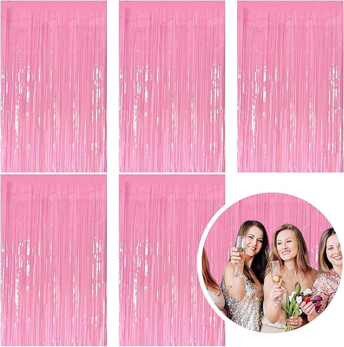 5 Pack Foil Curtain Pink Backdrop Streamers Metallic Tinsel Fringe Curtains Photo Booth Props for Birthday Wedding Engagement Bachelorette Christmas Holiday Celebration Party Decorations
