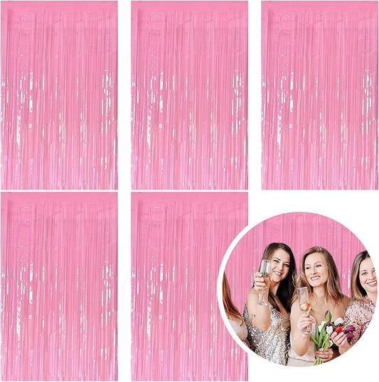 5 Pack Foil Curtain Pink Backdrop Streamers Metallic Tinsel Fringe Curtains Photo Booth Props for Birthday Wedding Engagement Bachelorette Christmas Holiday Celebration Party Decorations
