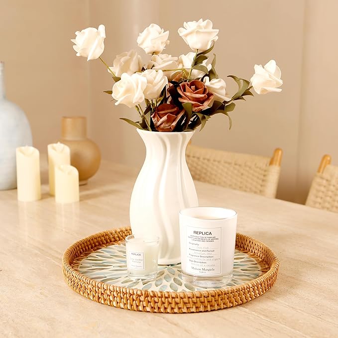 Round Rattan Tray with Mother of Pearl Inlay & Wooden Base - Decorative Wicker Serving Tray for Coffee/Bread/Fruits, Food Storage & Display - Multipurpose Home Decor (L,Colorful Leaves)