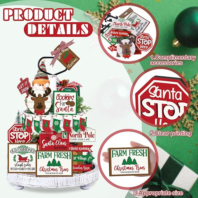 17 Pcs Christmas Tiered Tray Decor Set Winter Tiered Tray Decorations Farmhouse Tabletop Centerpiece Christmas Wooden 3D Sign for Xmas Home Buffalo Plaid Rustic Table Decoration(Bright)