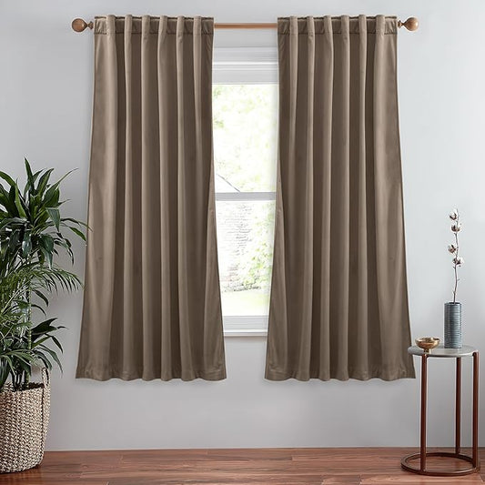 StangH 63 inches Taupe Velvet Curtains- Room Darkening Solid Drapes Thermal Insulating for Kitchen, Privacy Protect Bedroom Curtains Elegant Home Decor for Study/Laundry, W52 x L63, 2 Panels