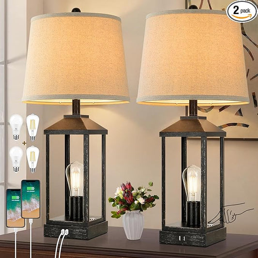 Brightever 28" Farmhouse Table Lamps Set of 2, Black Bedside lamp with USB Charging Ports, 3-Way Dimmable Touch Control Nightstand Lamps,Tall Table Lamp for Living Room, 4 Bulbs Included