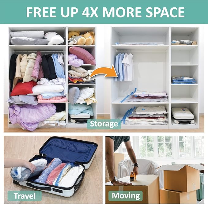 6 Pack Vacuum Storage Bags, Space Saver Bags (2 Jumbo/2 Large/2 Medium) Compression Storage Bags for Comforters and Blankets, Vacuum Sealer Bags for Clothes Storage, Hand Pump Included