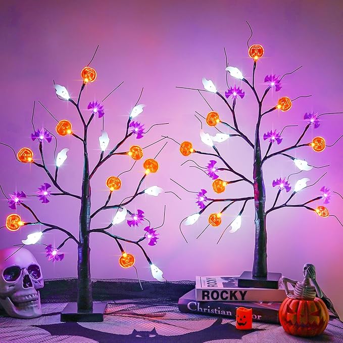 Halloween Decorations Indoor, 2-Pack 2FT Lighted Black Halloween Tree with 48 LED Pumpkin Bat Ghost Lights, Timer Function Battery Operated & USB Powered Spooky Tree Lights for Tabletop Home Party