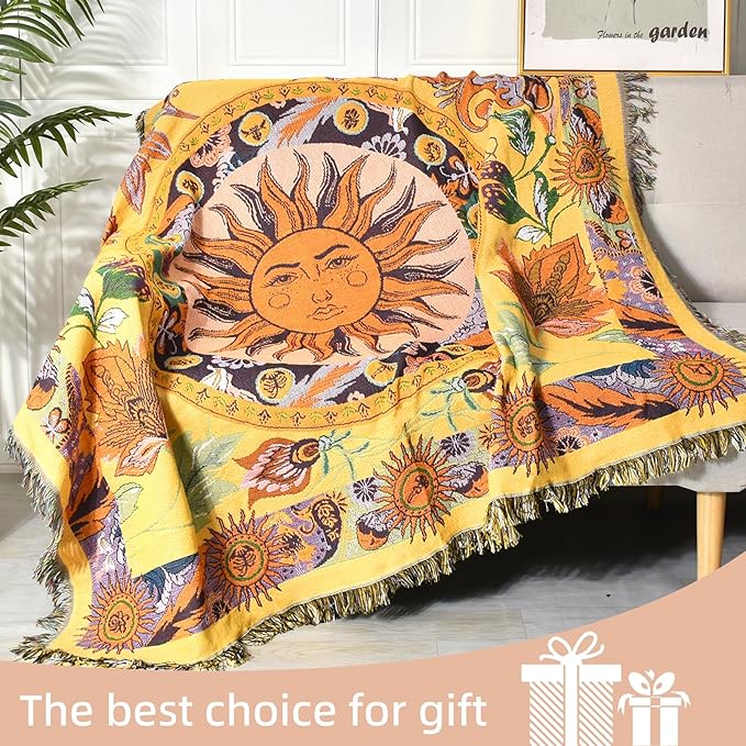 Boho Throw Blanket Reversible Cotton Bohemian Tapestry Hippie Room Decor Outdoor Blanket Double Sided (National Sun Pattern Yellow 50"x60")