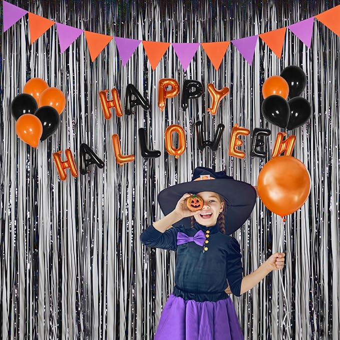 Halloween Party Decorations Indoor for Adults, Melsan 3.2 x 8 ft Black Streamer Tinsel Photo Backdrop for Birthday, Graduations, Fiesta, Halloween Decorations - Pack of 2