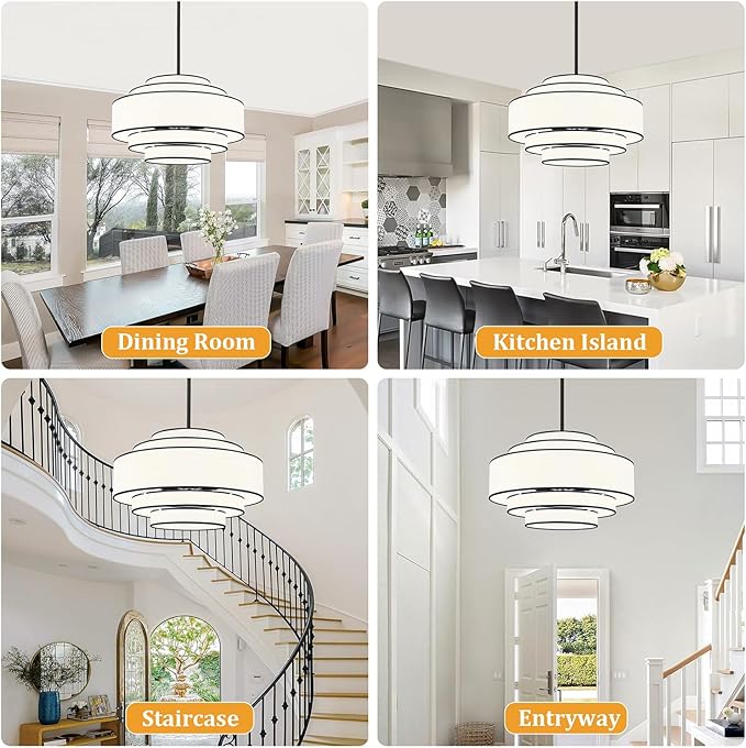 23.62’’Black Drum Chandelier,5-Tier Modern White Fabric Chandeliers Dining Room Light Fixture,6-Light Large Kitchen Island Lighting Farmhouse Chandelier for Living Room Bedroom Hallway Foyer,UL-Listed
