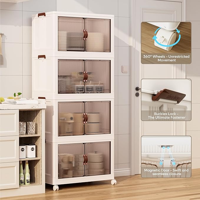 Jalove 50QT Plastic Storage Bins with lids, Stackable Collapsible Storage Containers with Wheels, Closet Organizer and Storage Drawers, Clothes Storage Cabinet for Home Office Garage, 1 Pack White