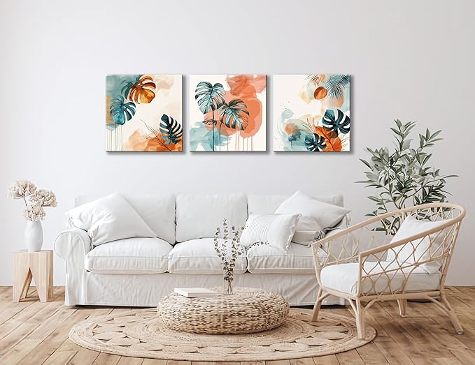 NAN Wind 3Pcs Abstract Tropical Leaves Canvas Art Modern Botanical Wall Decor Teal and Orange Leaf Minimalist Jungle Wall Art Framed Contemporary Nature-Inspired Print for Living Room or Bedroom