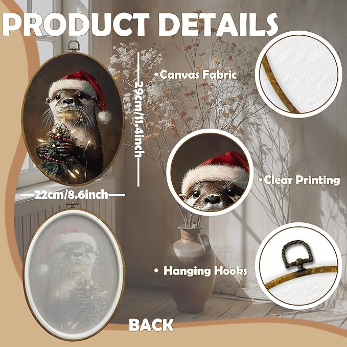 CUANFDDSF Vintage Christmas Otter Oval Wall Art Decor, Dark Academia Santa Otter Wall Hanging Decor, Rustic Holiday Winter Christmas Framed Canvas Prints for Home Bedroom Living Room, 8.6x11.4 Inch