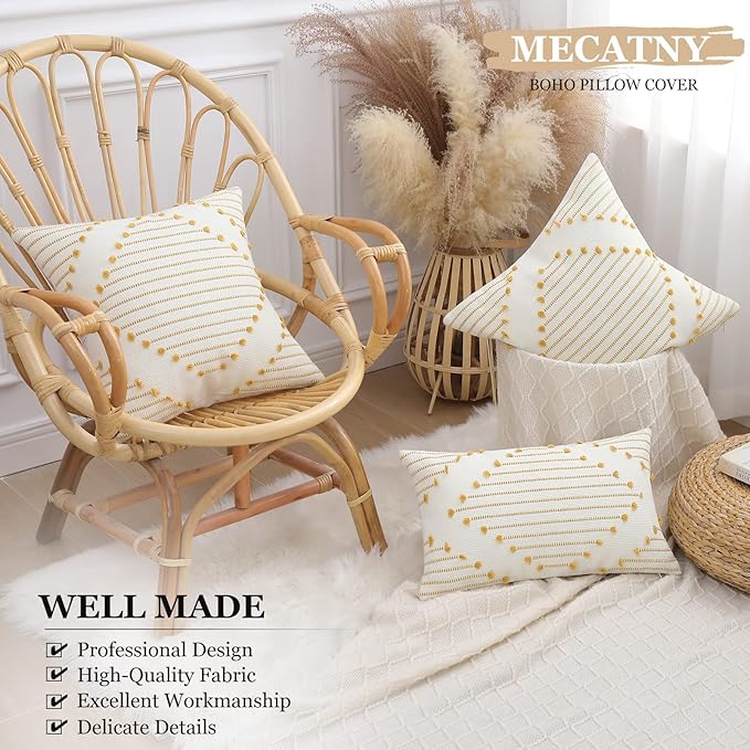 Mecatny Boho Outdoor Throw Pillow Covers 20X20 Set of 2, Farmhouse Decorative Pillow Covers for Couch Sofa Living Room, Yellow & White