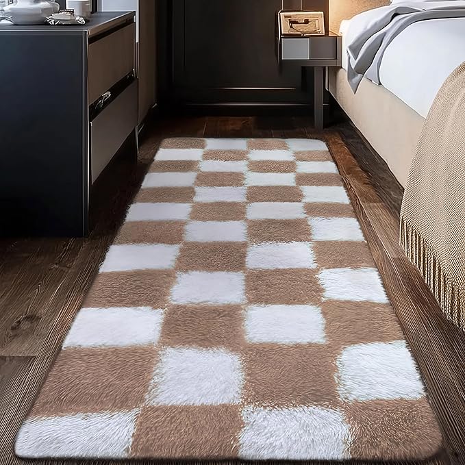 Checkered Area Rug 2x6 for Bedroom, Beige and White Modern Shag Rug Super Soft Runner Carpet Washable Fluffy Rugs for Living Room Bedside Sofa Home Dorm Decor Aesthetic