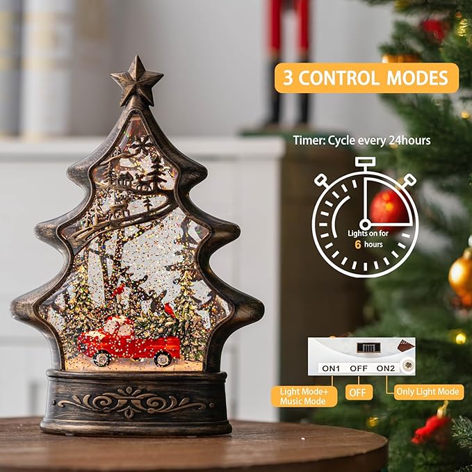 Christmas Snow Globe Lantern Water Glittering Christmas Tree with Red Truck, USB Lined/Battery Operated Lighted Lantern for Christmas Festival Decoration Gifts