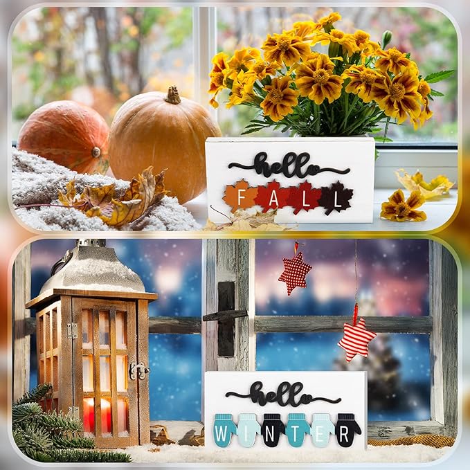 Roowest 5 Pcs Hello Fall Sign Interchangeable Seasonal Sign Spring Summer Winter Tiered Tray Decor 5.9 x 3 Inch Wooden 4 Seasons Farmhouse Table Centerpiece Decoration for Home Shelf Office(Fresh)