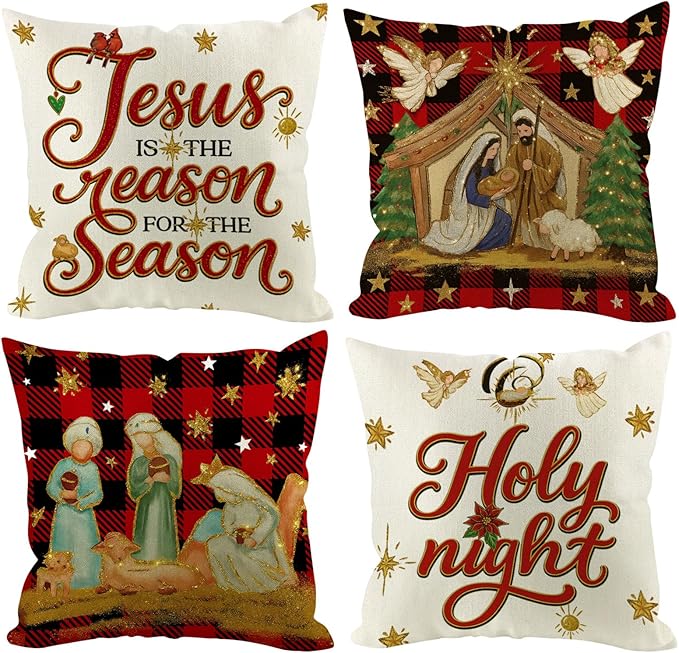 Christmas Holy Night Jesus Cardinal Pillow Covers 18x18 inch Set of 4, Holiday Winter Red Plaid Vintage Xmas White Seasonal Gold Decorations for Sofa Couch