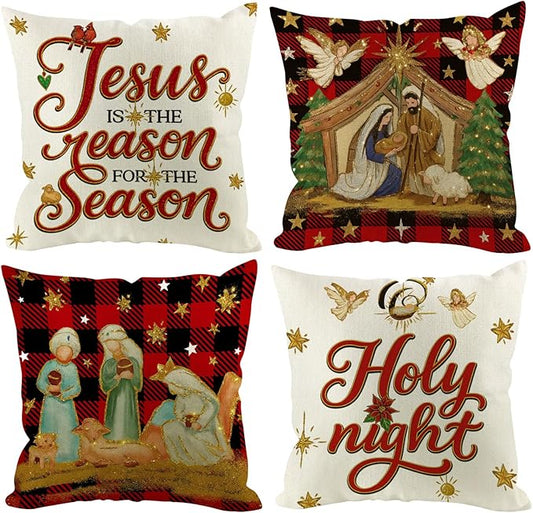 Christmas Holy Night Jesus Cardinal Pillow Covers 18x18 inch Set of 4, Holiday Winter Red Plaid Vintage Xmas White Seasonal Gold Decorations for Sofa Couch
