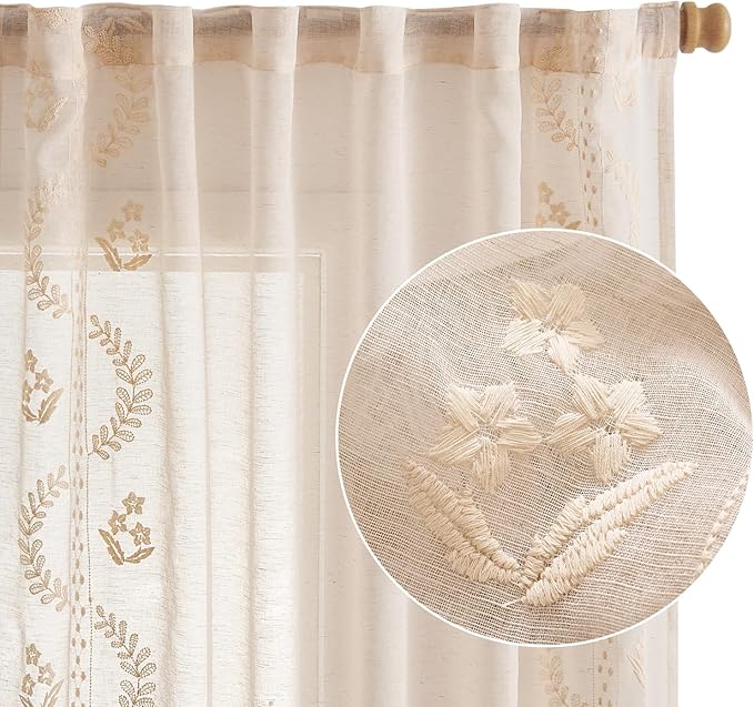 jinchan Belrose Linen Sheer Curtains for Living Room 96 Inch Length Sheer Voile Embroidered Floral Curtains for Bedroom Light Filtering Rod Pocket Window Treatments Farmhouse Decor 2 Panels Beige