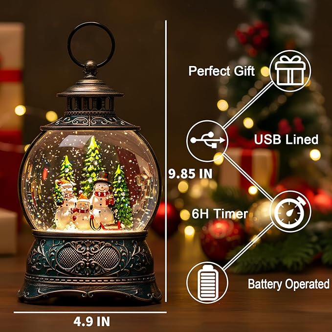 Christmas Snow Globe Snowman Family Lantern – Musical LED Water Globe, Swirling Glitter, 8 Holiday Carols, Auto Timer – Vintage Lighted Tabletop Decor & Gift