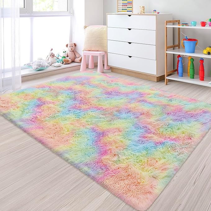Small Fluffy Rainbow Colorful Area Rug for Girls Bedroom 3x5 Kawaii Tie Dye Rug Fuzzy Unicorn Throw Rug for Living Room Kids Nursery Baby Princess Room Living Room Home Decor Aesthetic Carpets