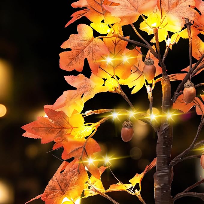 Fall Tree with Lights Thanksgiving Decorations: 2 Pack 2 FT Artificial Trees with 96 Maple Leaves 48 LED Light and Pumpkin Acorns Pinecone Battery Operated Outdoor Indoor Home Table Room Autumn Decor
