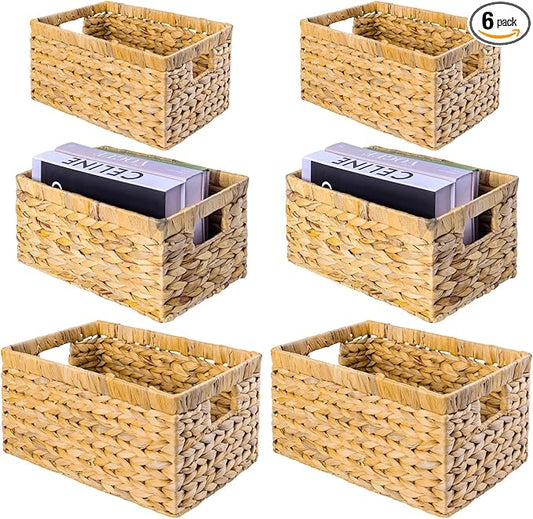 Set of 6 Wicker Storage Basket, Water Hyacinth Storage Baskets, Wicker Storage Baskets for Shelves (Combo 2 Sets SML)