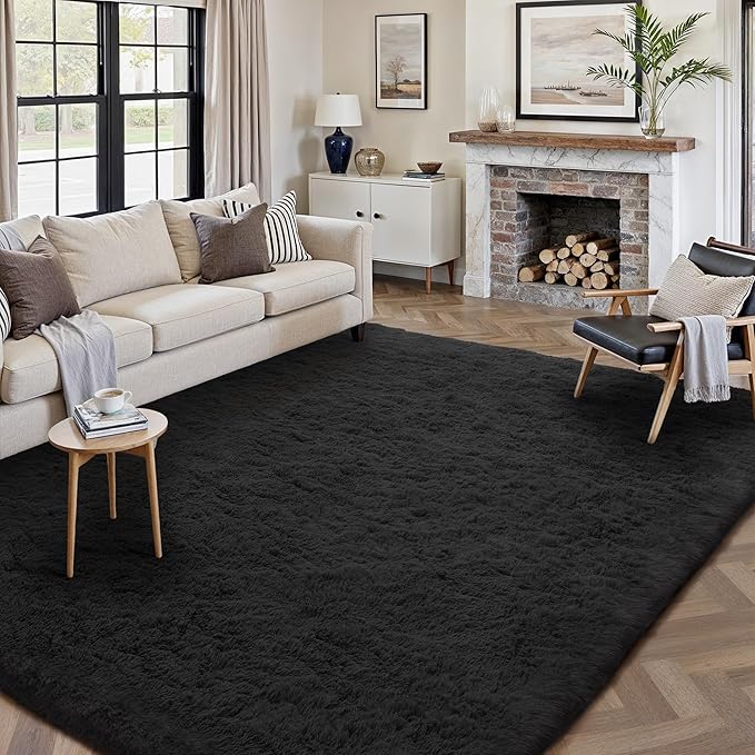 6x9 Area Rug for Living Room, Modern Black Shag Shaggy Plush Carpet Washable Non-Slip Large Rug Super Soft Indoor Fuzzy Fluffy Carpet for Bedroom Home Aesthetic Decor