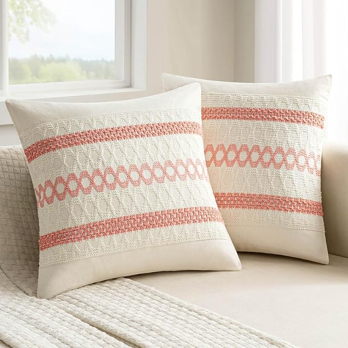 MIULEE Set of 2 Coral Red Boho Decorative Pillow Covers 20x20 Inch Farmhouse Rustic Couch Throw Pillows Modern Summer Cotton Cushion Covers Retro Cute Macrame Woven Home Decor for Bed Sofa Chair