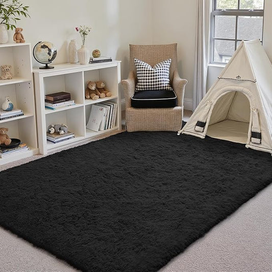 4x6 Area Rug for Living Room, Modern Black Super Shag Shaggy Soft Washable Fluffy Rugs Indoor Fuzzy Carpet for Bedroom Home Dorm Aesthetic Decor