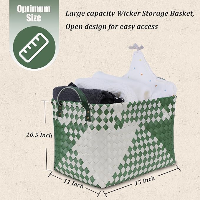 BROWNLILY Handwoven Clothes Basket Laundry Hampers Large Wicker Storage Baskets for Shelves Blankets Closet Storage Bins Car Bedroom Bathroom Organizers and Storage Bath (Pack of 4, Green&White)