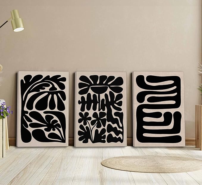 3 Pcs Boho Abstract Floral Canvas Wall Art Mid Century Modern Minimalist Black Neutral Flower Botanical Picture Wall Decor Poster Print Artwork for Living Room Bedroom Home Decoration