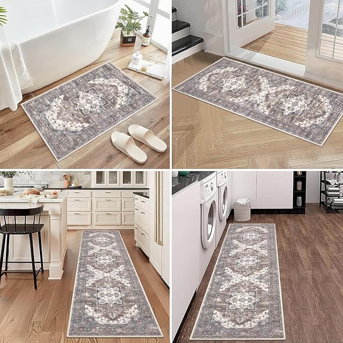 Pauwer Kitchen Mats for Floor 3 Piece Set Boho Non Slip Kitchen Rugs Washable Farmhouse Kitchen Floor Mats Thick Long Kitchen Throw Area Rug Carpet Runner for Hallway Laundry Bathroom, Grey Brown