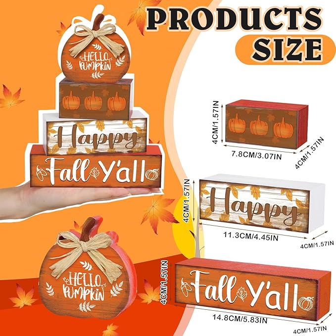 4 Pcs Fall Decor for Home Hello Pumpkin Wooden Signs with Blessed Autumn Tiered Tray Decor Farmhouse Pumpkin Tabletop Centerpiece Maple Leaf Block Signs for Fall Thanksgiving Office Kitchen Shelf