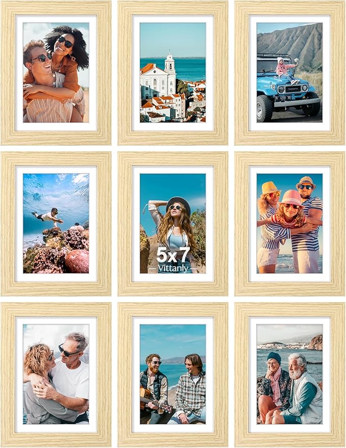 Vittanly 5x7 Picture Frames Set of 9, Shatter Resistant Plexiglass, Display 4x6 Pictures with Mat or 5x7 without Mat, Photo Frames for Wall or Tabletop, Engineered Wood, OAK