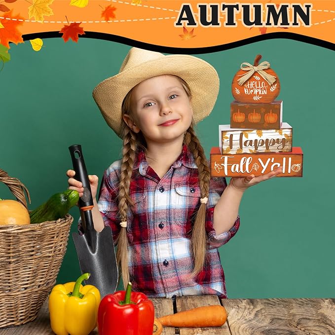 4 Pcs Fall Decor for Home Hello Pumpkin Wooden Signs with Blessed Autumn Tiered Tray Decor Farmhouse Pumpkin Tabletop Centerpiece Maple Leaf Block Signs for Fall Thanksgiving Office Kitchen Shelf