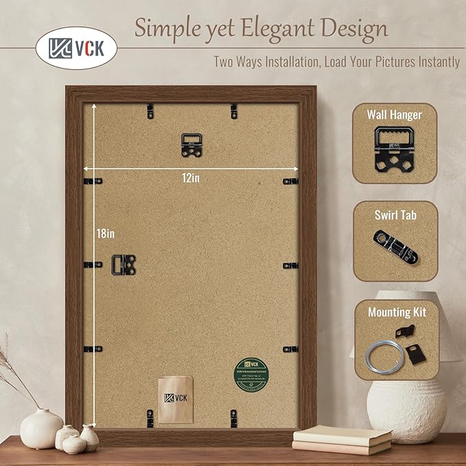 VCK 12x18 Picture Frame 3 Pack, Brown Wood Poster Frame with Exclusive Wood Grain, Wall Mounting Hanging