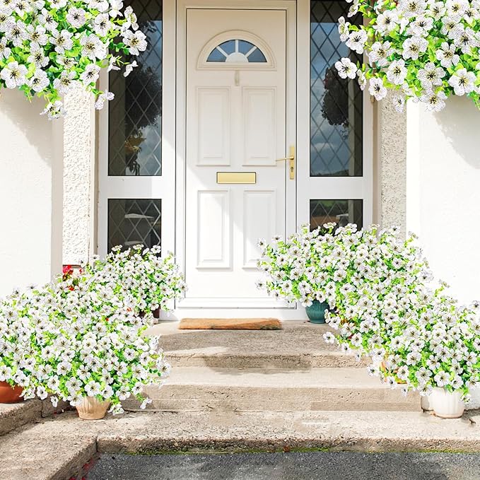 Agusbagli 10 Bundles Artificial Flowers Outdoor UV Resistant Fake Flowers No Fade Faux Plastic Greenery Shrub Plants for Wedding Home Garden Window Box Fireplace Thanksgiving Christmas Decor, White