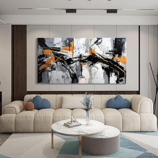 Black Abstract Canvas Wall Art Elegant and Modern Orange Wall Art for Living Room - Canvas Wall Decor for Office and Home - Large Framed Artwork for Walls , White, Gray and Unique Orange Accents 48×24in