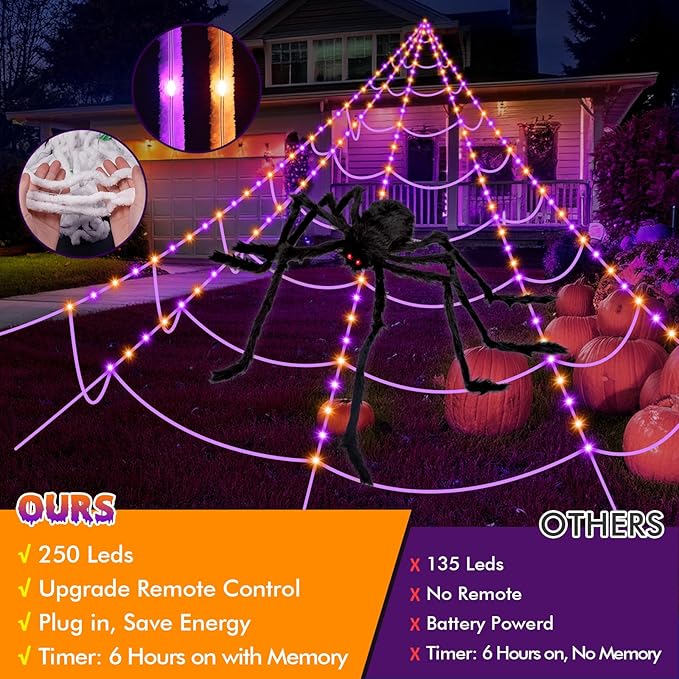 Halloween Decorations Spider Web: Halloween Spider Web Light 250 Purple & Orange LED Lights 59" Giant Spiders Scary Halloweens Decorations Outdoor Indoor for Party Garden Yard Home Haunted House Decor