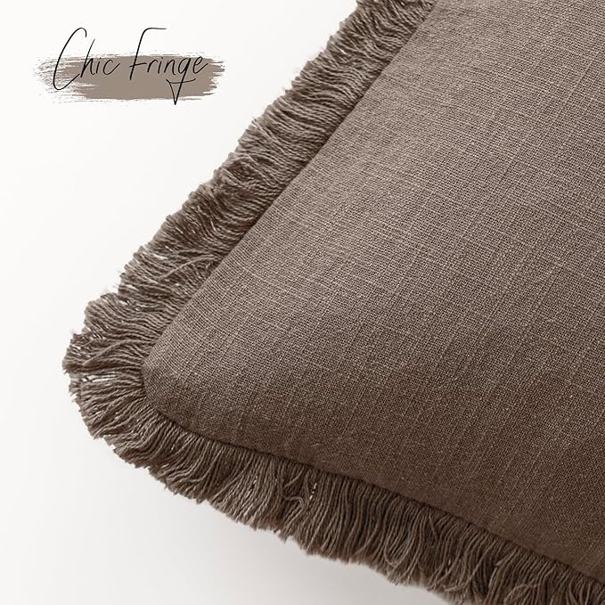 Foindtower Set of 2 Decorative Linen Fringe Throw Pillow Covers Cozy Farmhouse Cushion Cover with Tassels Accent Pillowcase for Couch Chair Sofa Bed Living Room Home Decor,16×16 Inch,Light Coffee