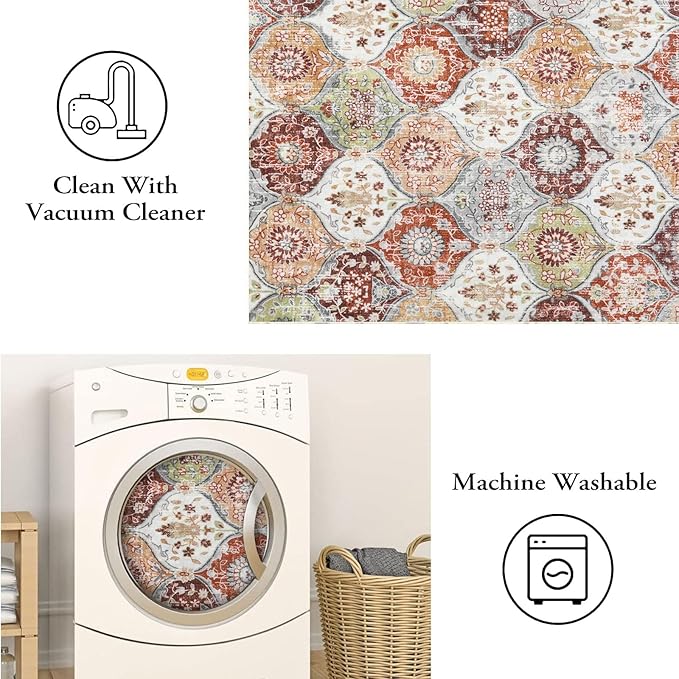 Lahome Moroccan Trellis Washable Round Rugs, Non-Slip Soft Round Rug 4ft Ultra-Thin, Small Vintage Circle Carpet for Entryway Kitchen Bedroom Nursery Bathroom, Orange/Terracotta