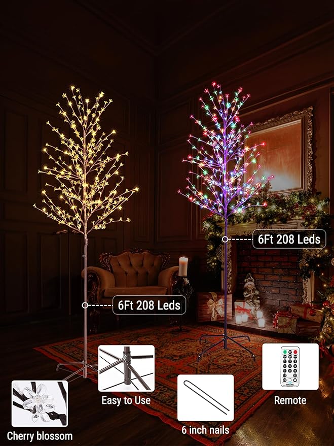 Lomotech Lighted Cherry Blossom Tree - 2 Pack 6Ft Color Changing Artificial Tree with 11 Modes Timer for Indoor Outdoor Party Holiday Christmas Decorations(Warm White to Multicolor)