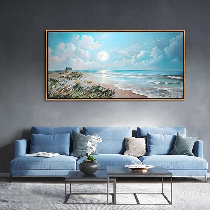YCPRIMER Large Beach Wall Art,Coast Canvas Wall Decor Blue Ocean Pictures,Framed Artwork paintings for Living Bedroom Bathroom Decoration Ready to Hang Size 29×58Inch