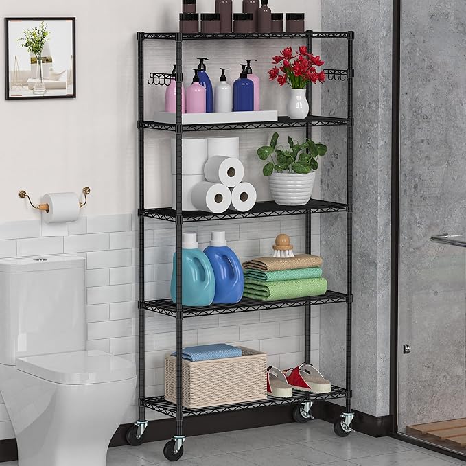 Metal Storage Shelves with Wheels, 5-Tier Steel Wire Rack Shelving Unit, Adjustable Rolling Utility Shelves, Standing Storage Organizer for Kitchen Garage Pantry Closet Laundry(5-Tier Shelf)