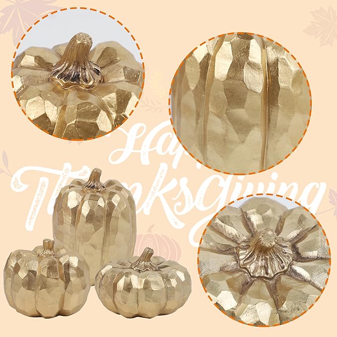 winemana 3 Pack Gold Pumpkins for Decorating – Fall & Thanksgiving Decorations for Home, Table, Fireplace Mantel, Office, Elegant Decorative Pumpkin Autumn Indoor Decor