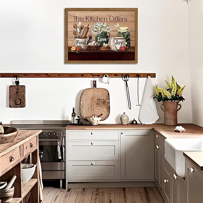 Kitchen Wall Art, Vintage Rustic Farmhouse Food Still Life Wall Decor Paintings, This Kitchen Offers Food Love and Joy Canvas Pictures Posters Prints for Dining Room Home Decor 16x24 Inch Wood Framed